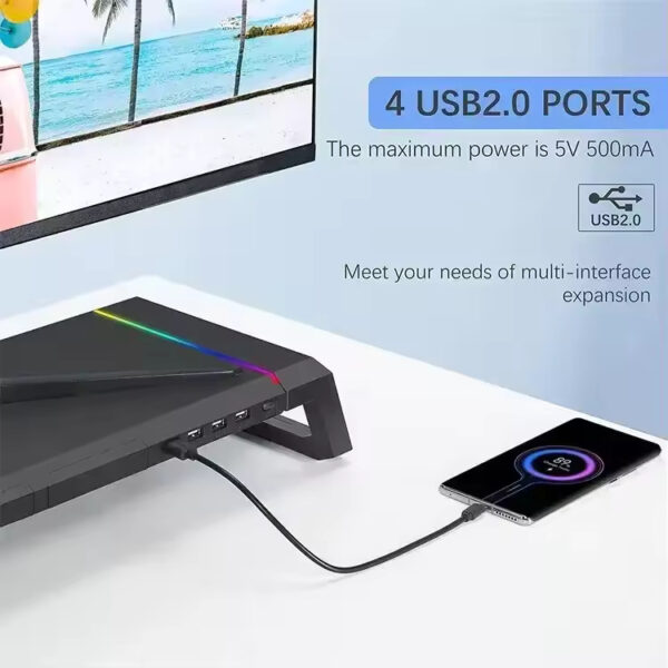 Aluminum PC Monitor Stand – 4 USB Ports with USB 3.0 Fast Charging & Keyboard Storage | Space-Saving Laptop Stand - Image 4
